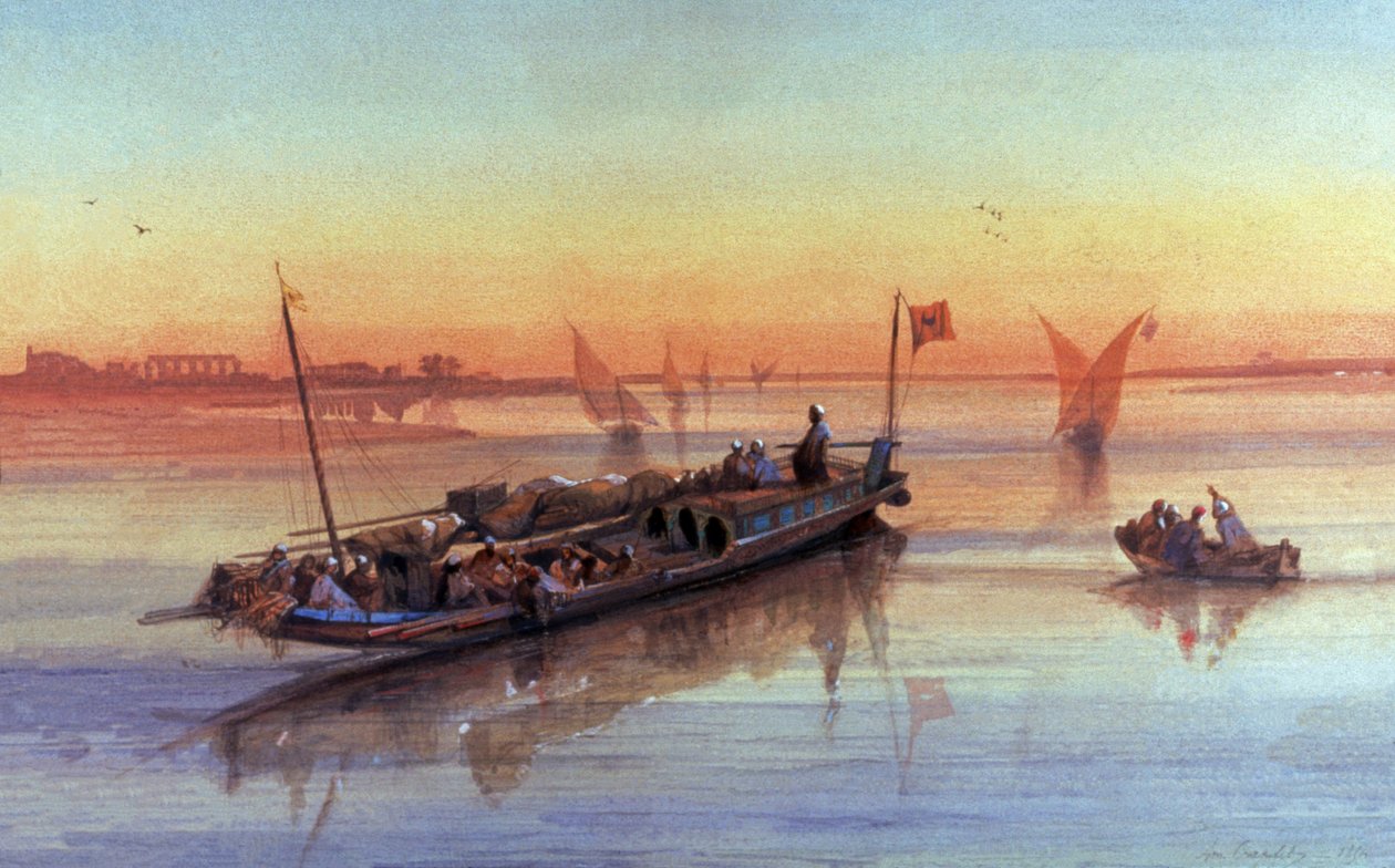 Felucca er ved elven Nilen, rundt Theben av Louis Amable Crapelet
