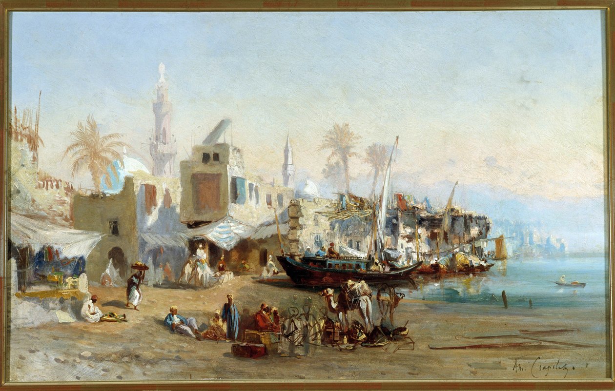 Fiskere og moskeer i havnen Boulack i Egypt Maleri av Amable Louis Crapelet (1822-1867) Søn. 41x64 cm Obligatorisk omtale: Regards de Provence foundation collection, Marseille av Louis Amable Crapelet