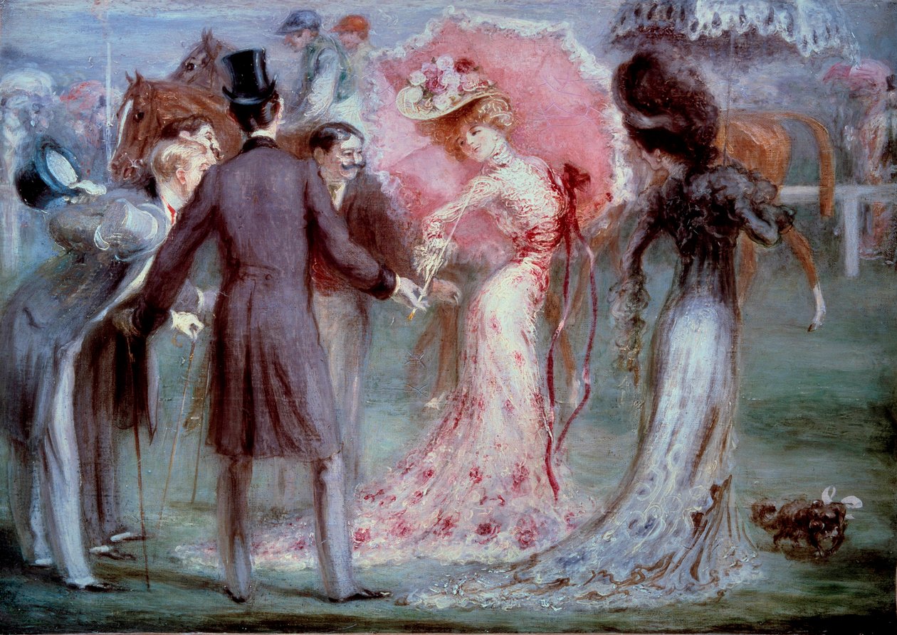 God tid: "" Veiing"" Menn som undersøker unge kvinner som insisterer på hesteveddeløp. Maleri av Louis Anquetin (1861-1932), privatsamling fra det 20. århundre av Louis Anquetin