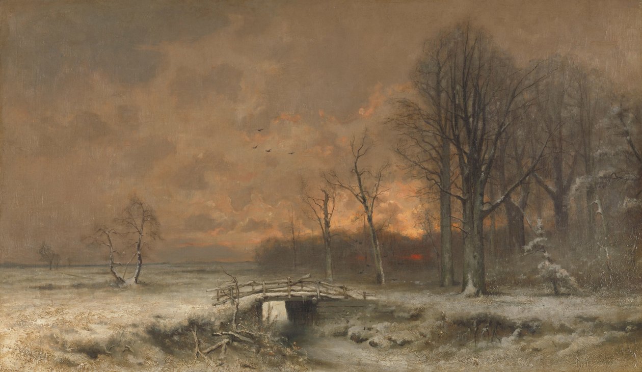 Vinterscene med solnedgang bak trær av Louis Apol