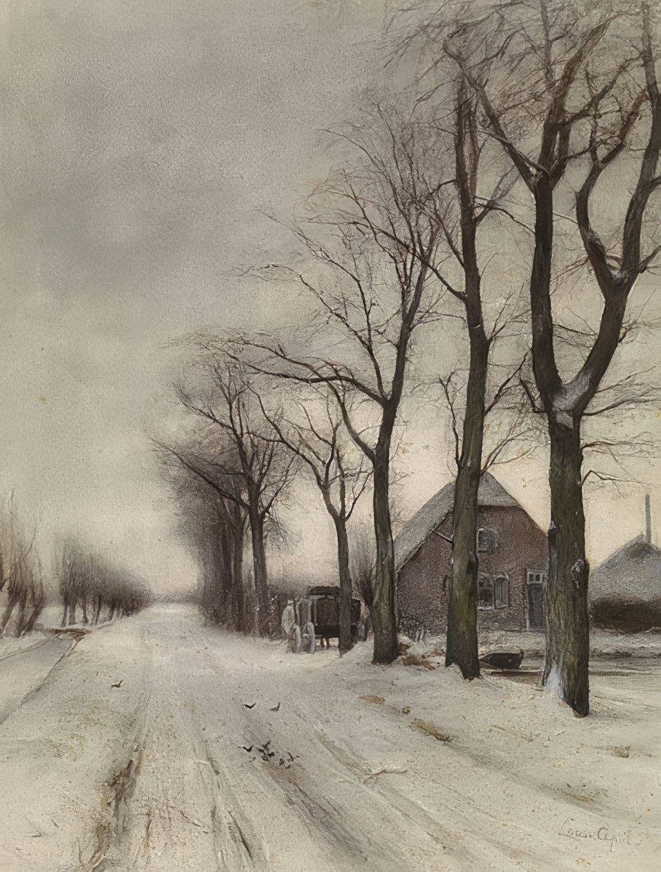 Winterlandschaft mit Bauernhof an einer Allee (Vinterlandskap med en gård på en allé) av Louis Apol