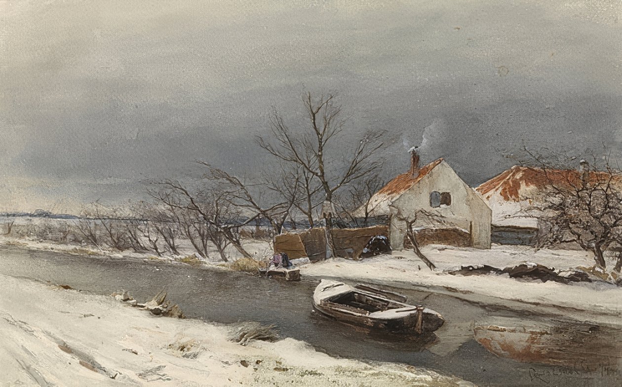 Winterlandschaft mit Häusern und einem Kanal (Vinterlandskap med hus på en kanal). 1874 av Louis Apol