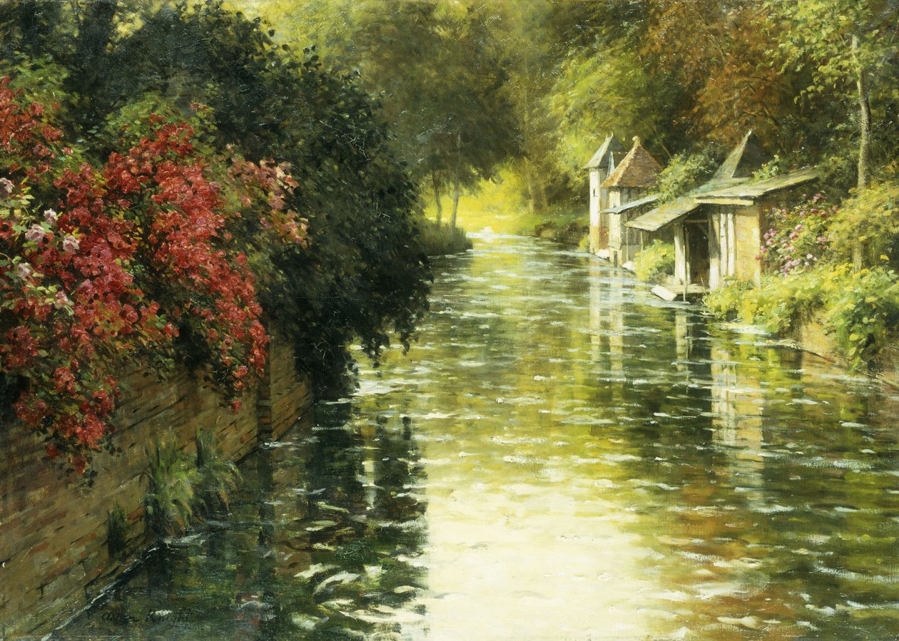 Et fransk elvelandskap (olje på lerret) av Louis Aston Knight