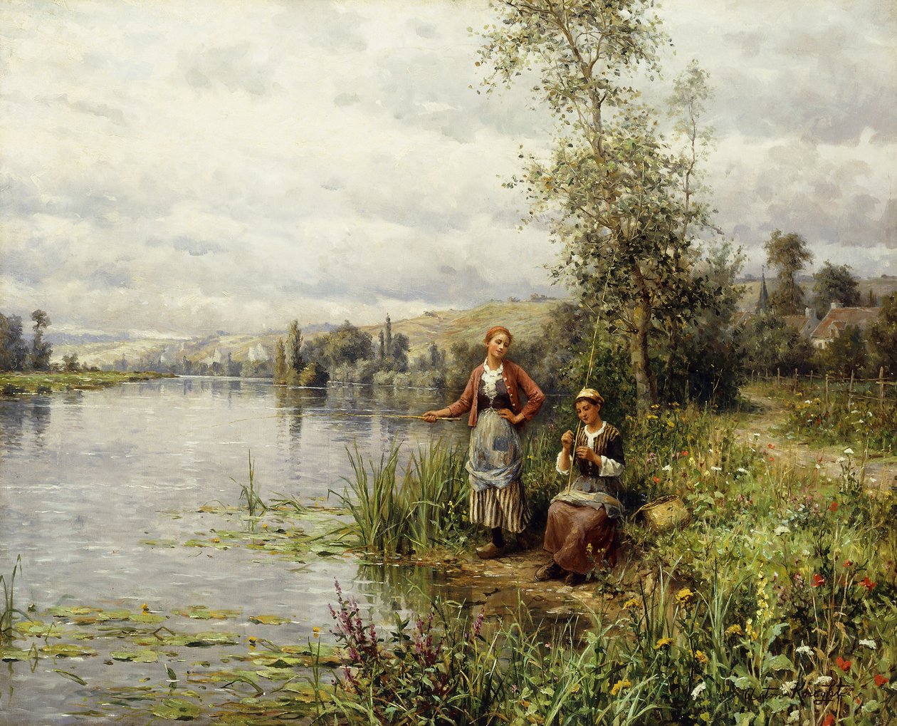 Landkvinner som fisker på en sommerettermiddag av Louis Aston Knight