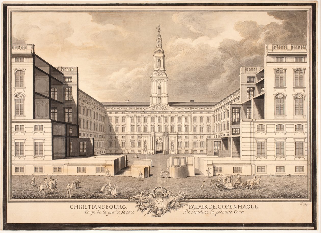 Christiansborg slott i København. Utsnitt av den store fasaden til inngangen til det første gårdsrommet av Louis Auguste Le Clerc