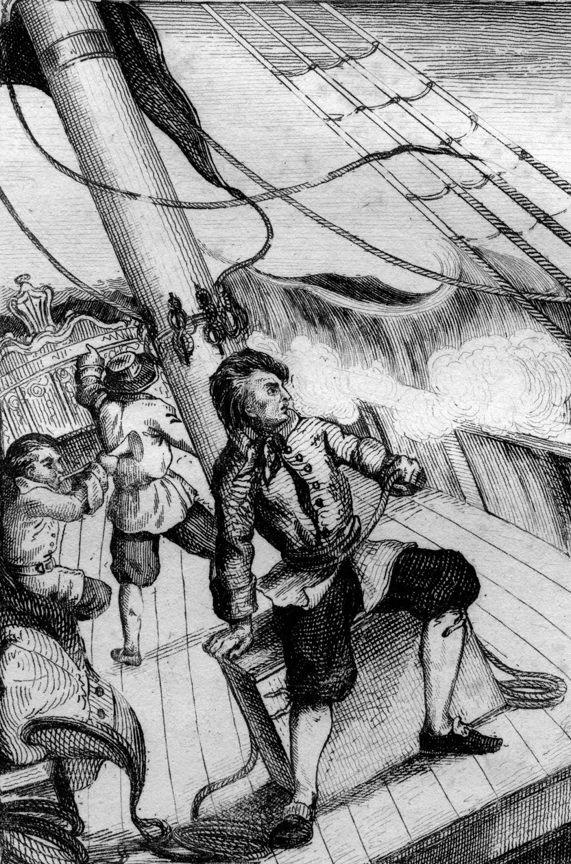 Hvert minutt forventet jeg å bli oppslukt av gravering etter M. de Sainsons tegning til boken til Daniel Defoe (De foe) "" Robinson Crusoe"" fransk utgave av 1837. av Louis Auguste de Sainson