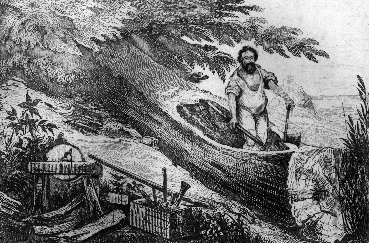 Jeg gravde den uten hjelp av branngravering etter M. de Sainsons tegning til boken til Daniel Defoe (De foe) "Robinson Crusoe"" fransk utgave av 1837. av Louis Auguste de Sainson