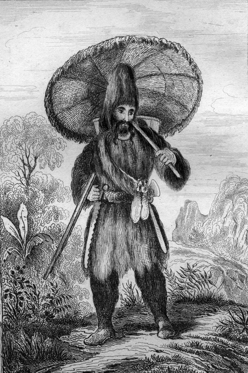 Jeg hadde på meg en høy hatt... gravering etter M. de Sainsons tegning til boken til Daniel Defoe (De foe) "Robinson Crusoe"" fransk utgave av 1837. av Louis Auguste de Sainson