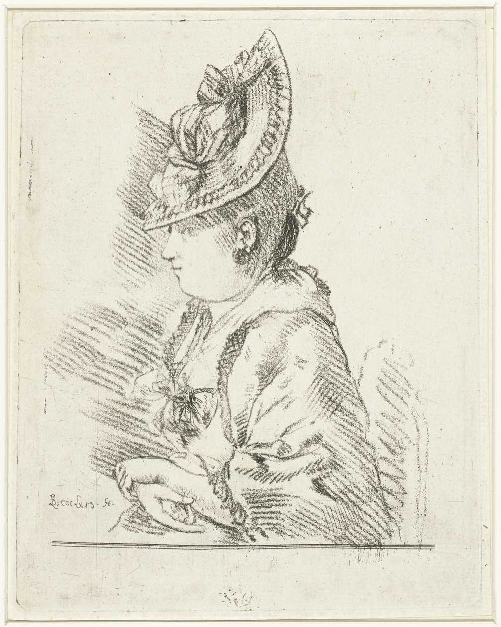 Portret van een jonge dame met hoed in profiel naar links   1332540   no       norwegian Successfully Translated  Original: Map of the ancient earthworks at Loughton Camp made around AD 52 in Epping Forest, Essex, 1876 Translat: Map of the ancient earthwor av Louis Bernard Coclers