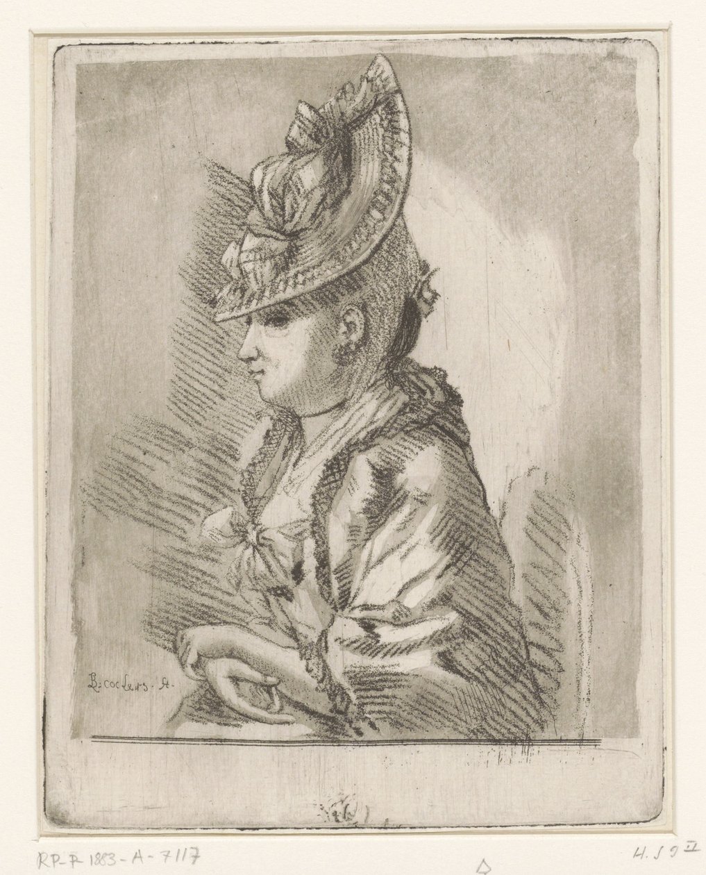 Portrett av en ung dame med hatt i profil til venstre av Louis Bernard Coclers