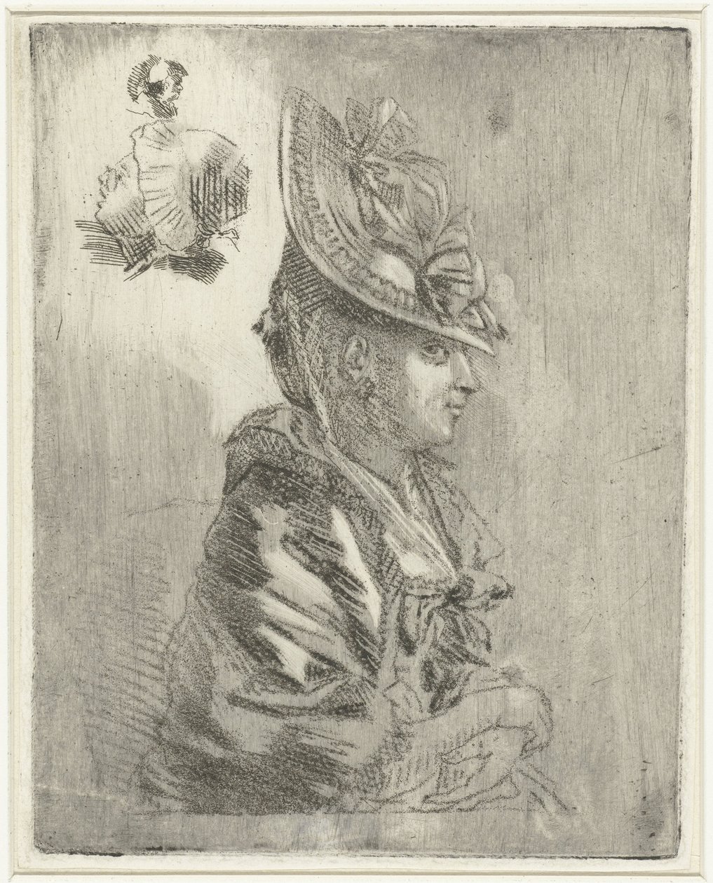Studieark med portrett av en ung kvinne med hatt og to mindre portretter av Louis Bernard Coclers