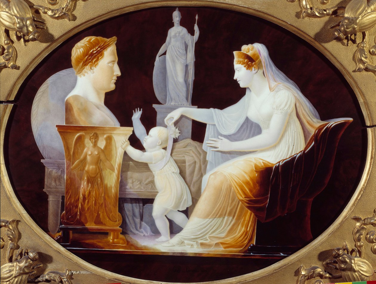 Impressen Mary Louise som leder de første trinnene til kongen av Roma Napoleon II, hertugen av Reichstadt (1811-1832), sønn av keiser Napoleon I (1769-1821), foran bysten av sin far Porselensplate av Louis Bertin Parant (1768-1851) 1813 Paris. La Leg av Louis Bertin Parant