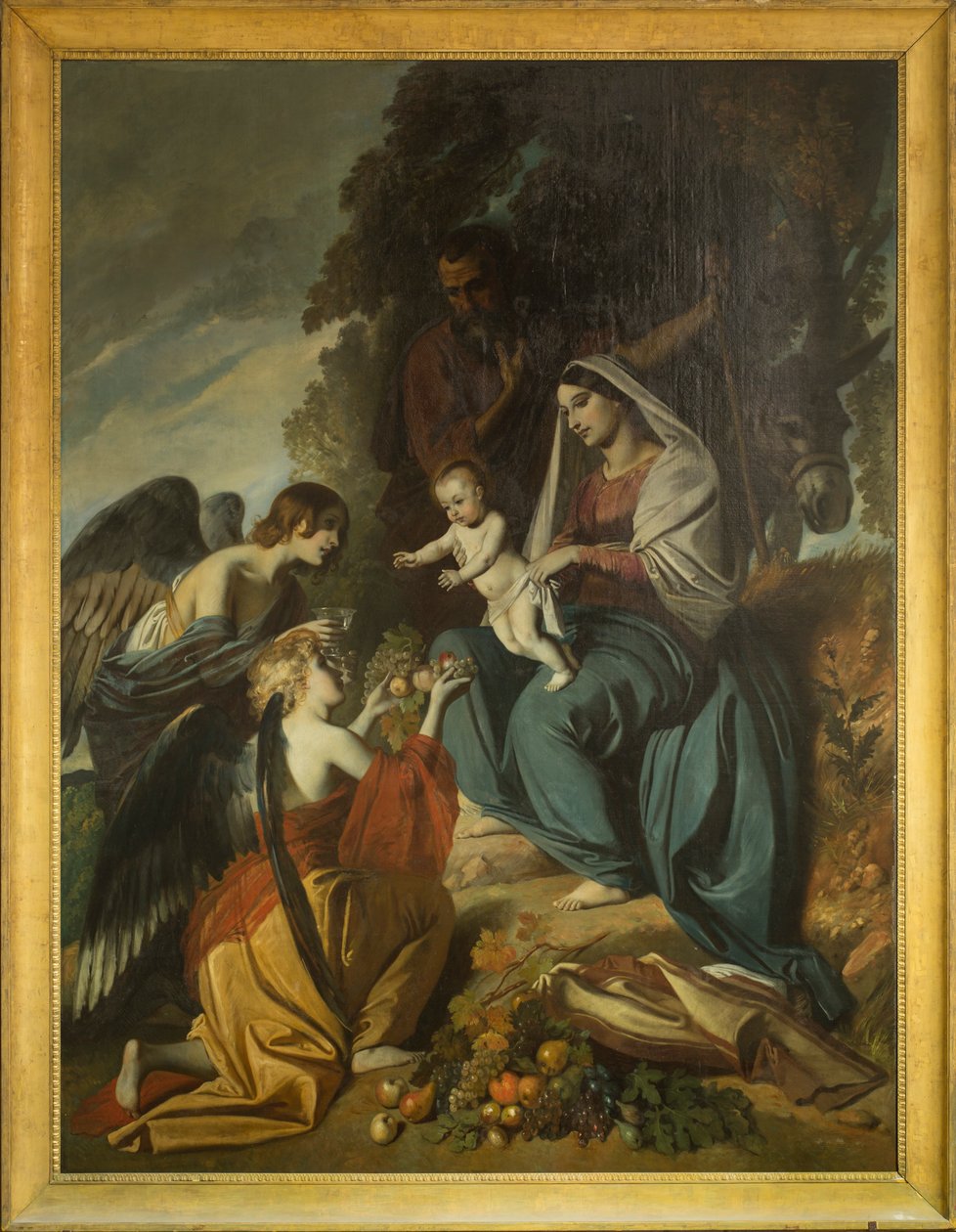 Engler som mater den hellige familie. Olje på lerret av Louis Boulanger (1806-1867), skipet til katedralen i Sens av Louis Boulanger