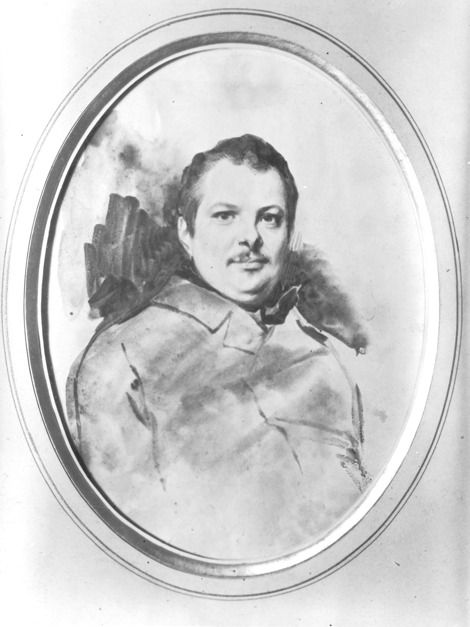 Portrett av Honore de Balzac (1799-1850) ca. 1820 (blekk og vask på papir) av Louis Boulanger