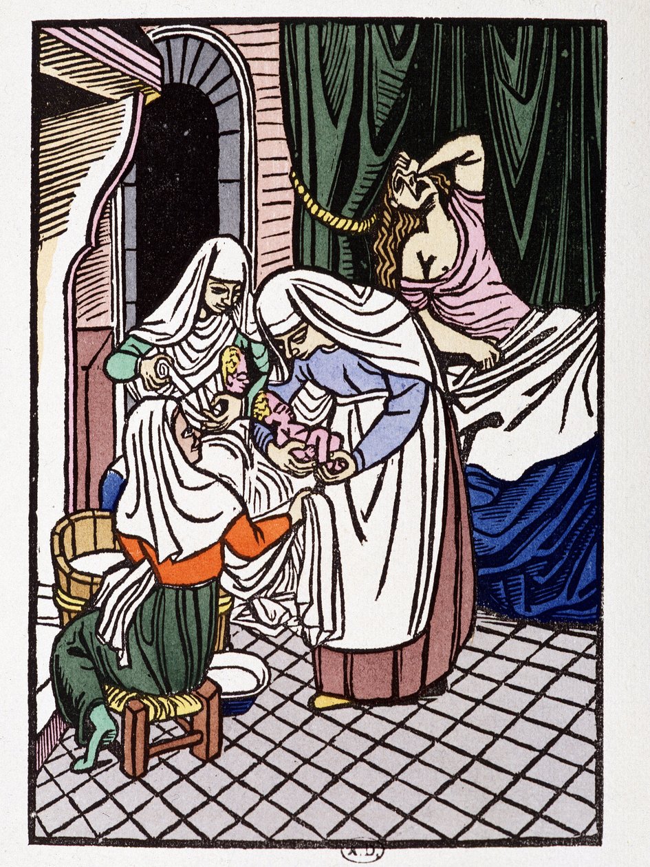 Fødende kvinne - i "" Kjærlighetene til Frene og Galeran fortalt etter Jean Renard, funn fra 1100-tallet, tilpasset av André Mary", ill. av trestikk av Louis Bouquet, red. Jonquieres, Paris av Louis Bouquet
