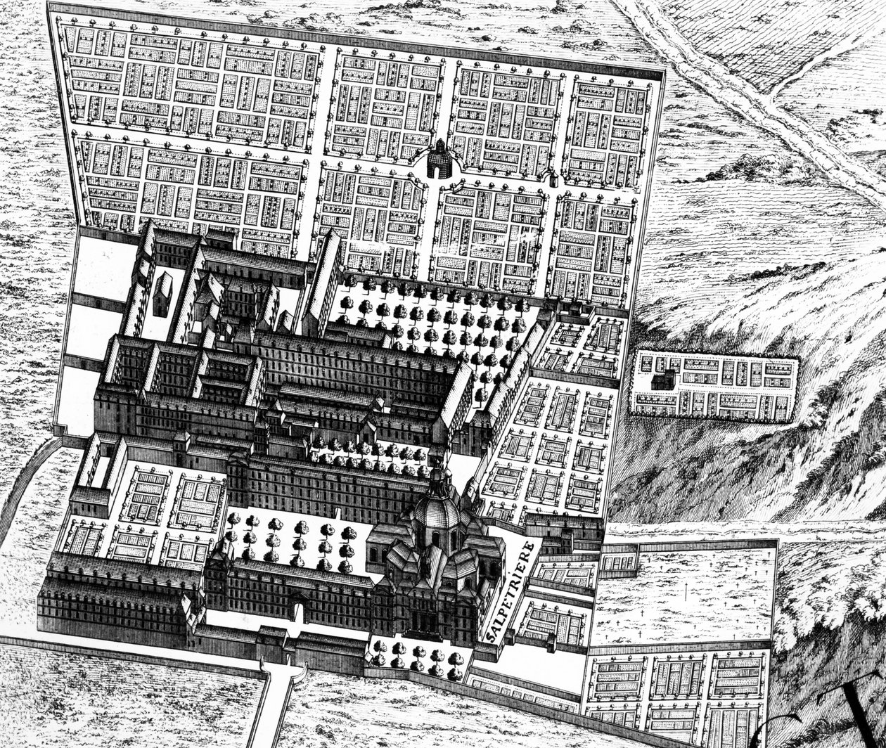 Hospitalet i La Salpêtrière, detalj fra planen i Paris, kjent som Plan de Turgot, gravert av Claude Lucas, 1734-39 graveringsdetalj av 233535 av Louis Bretez