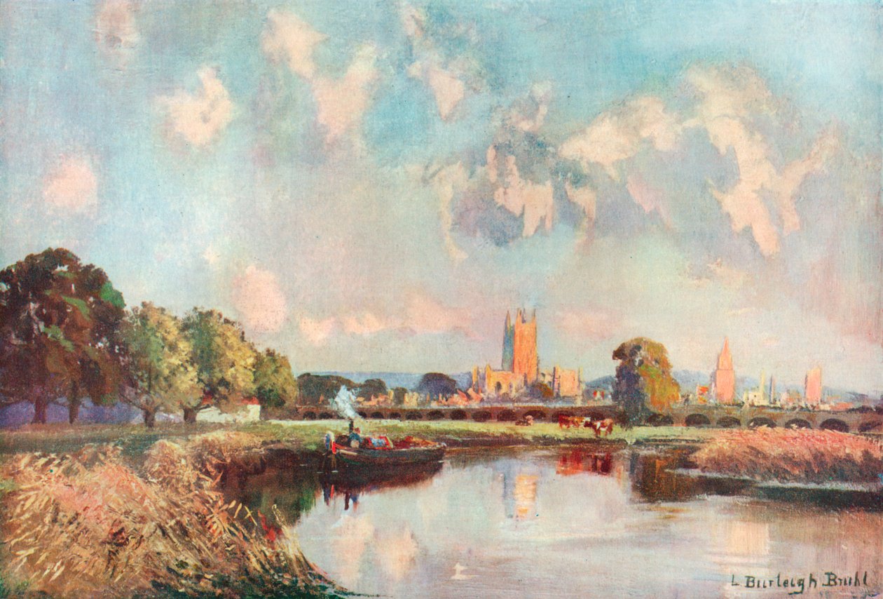 Gloucester-katedralen, fra Severn (fargelitografi) av Louis Burleigh-Bruhl