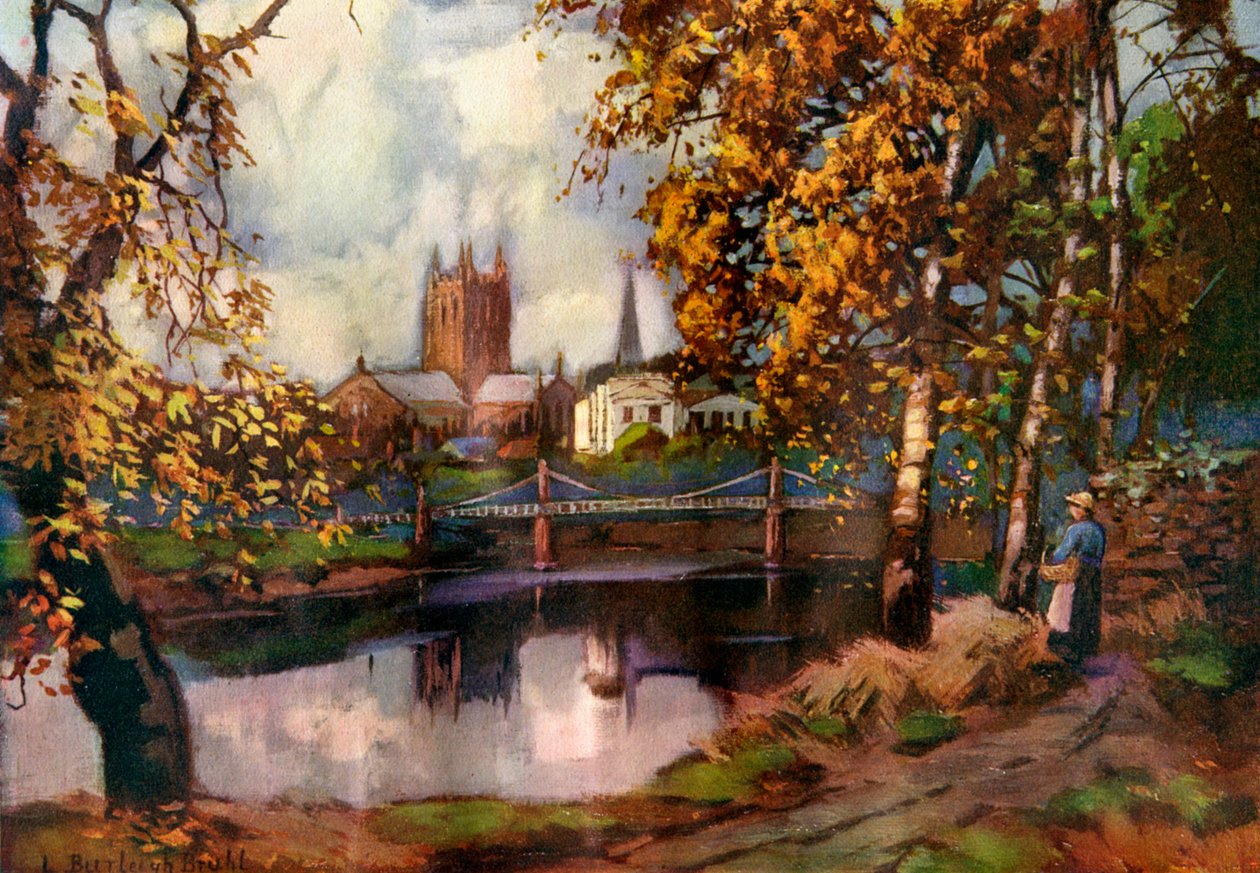 Hereford Cathedral, fra elvevandringen, Herefordshire, 1924-1926. av Louis Burleigh Bruhl