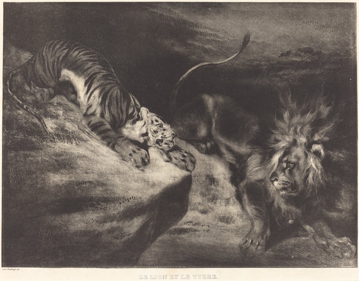 Løven og tigeren av Louis Candide Boulanger after Eugène Delacroix