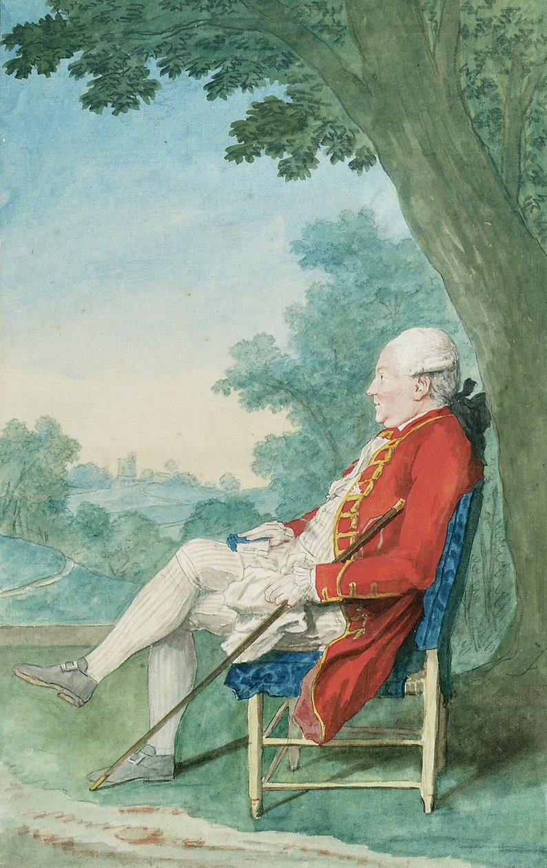 Mr. O"Flanagan satt i profil til venstre i en park, 1771 av Louis Carrogis