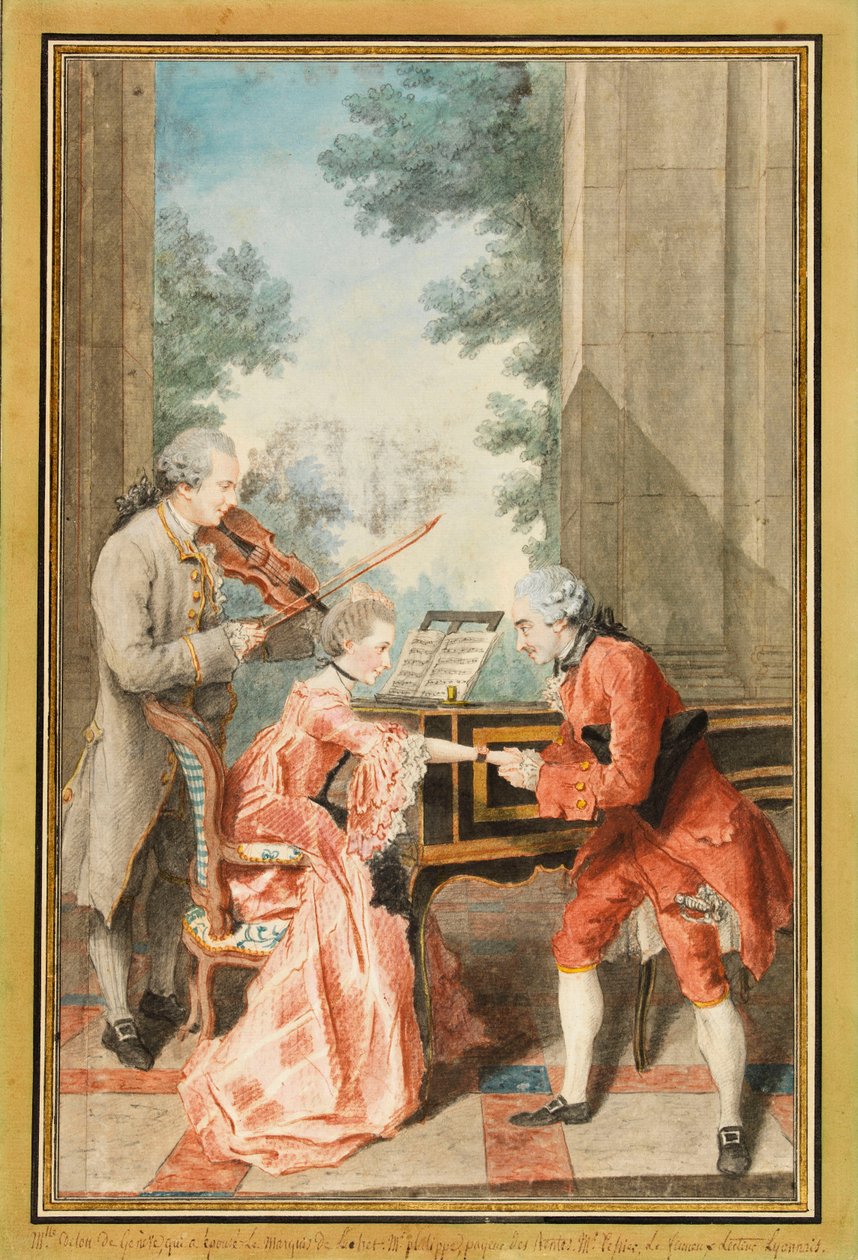 Frøken Delong fra Genève, Mr Philippe og Mr de Texier (akvarell) av Louis Carrogis Carmontelle