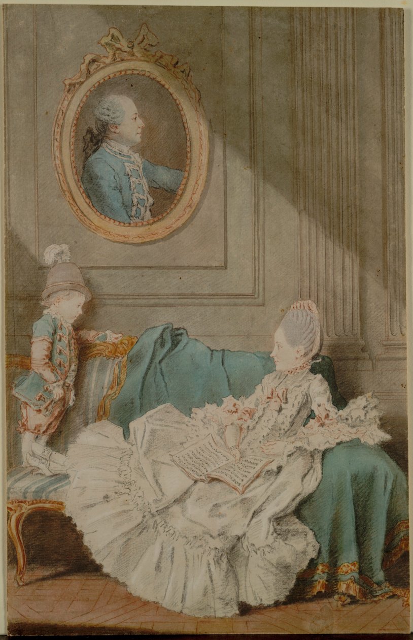 Madame Millin du Perreux og hennes sønn, med et malt portrett..., ca. 1760. av Louis Carrogis dit Carmontelle