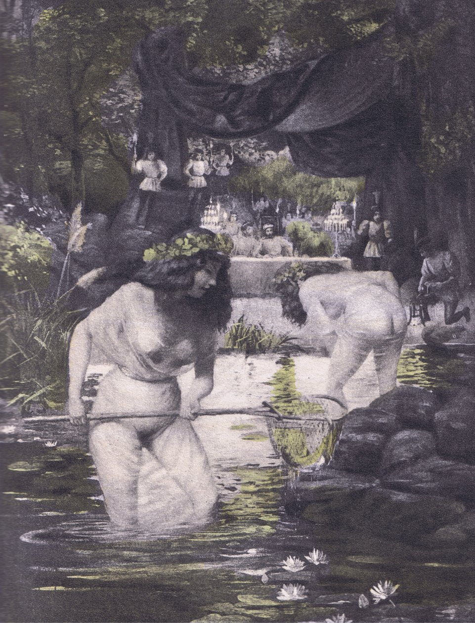Ginerva og Isotta, illustrasjon fra Decameron of Boccaccio utgitt av Navarre Society 1930-tallet (litho) av Louis Chalon