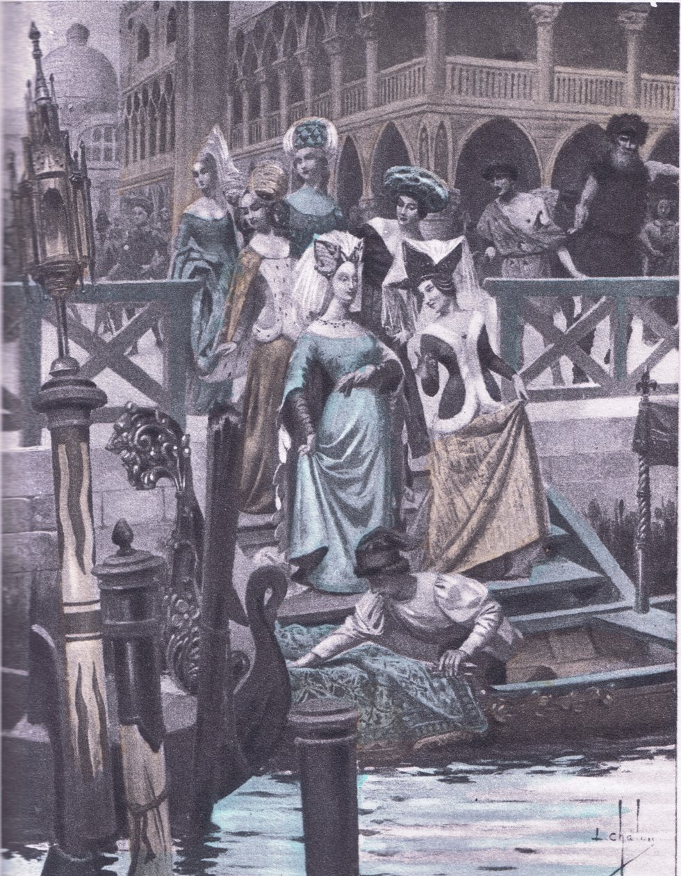 Grønne gjess, illustrasjon fra Decameron av Boccaccio utgitt av Navarre Society 1930-tallet (litho) av Louis Chalon