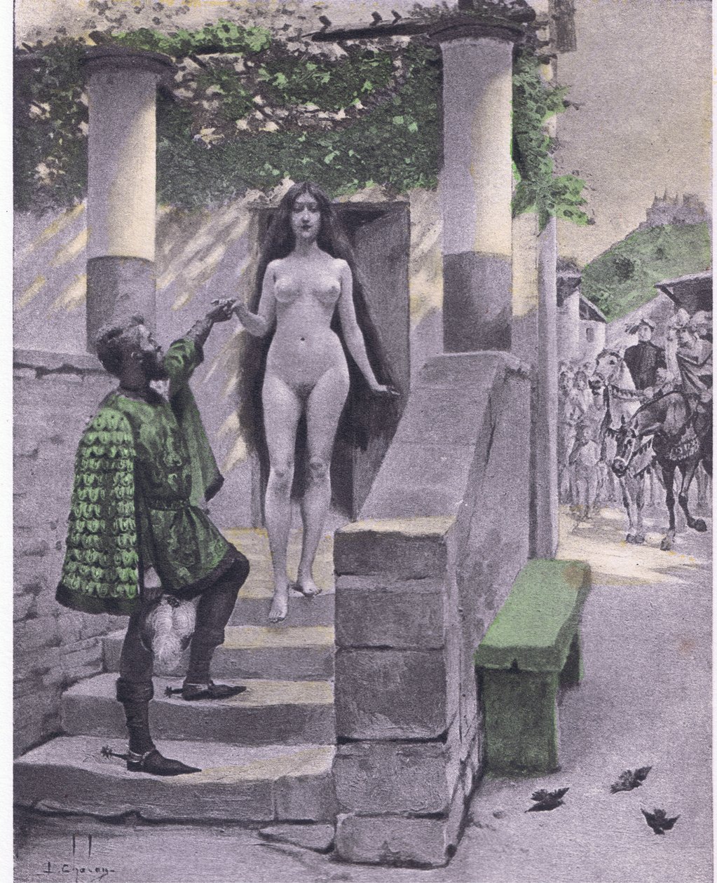Griselda, illustrasjon fra Decameron av Boccaccio utgitt av Navarre Society 1930-tallet (litho) av Louis Chalon
