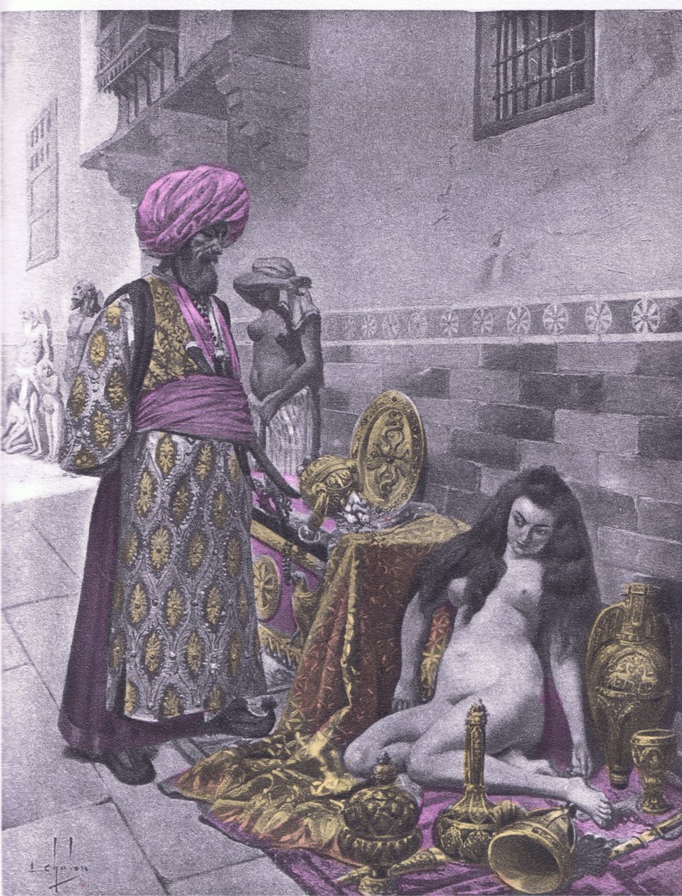 Osbech and the captives, illustrasjon fra Decameron of Boccaccio utgitt av Navarre Society 1930-tallet (litho) av Louis Chalon