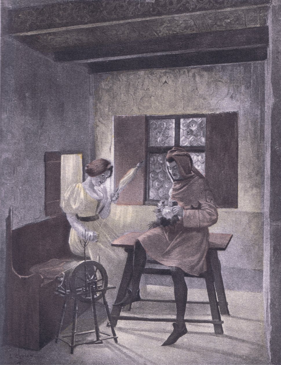 Simona spinning, illustrasjon fra Decameron of Boccaccio utgitt av Navarre Society 1930-tallet (litho) av Louis Chalon