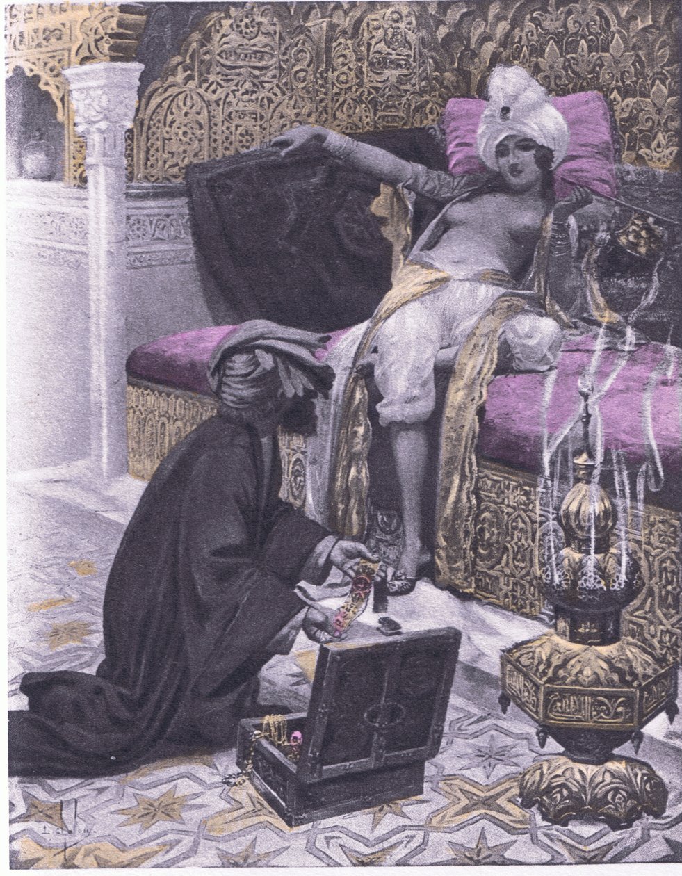 Datteren til kongen av Tunis, illustrasjon fra Decameron av Boccaccio utgitt av Navarre Society 1930-tallet (litho) av Louis Chalon