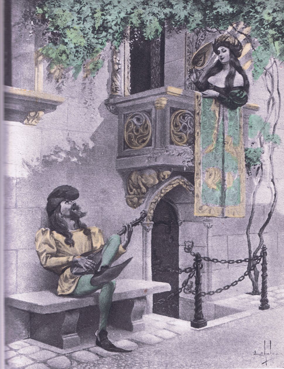 Den tåpelige elskeren, illustrasjon fra Decameron av Boccaccio utgitt av Navarre Society 1930-tallet (litho) av Louis Chalon