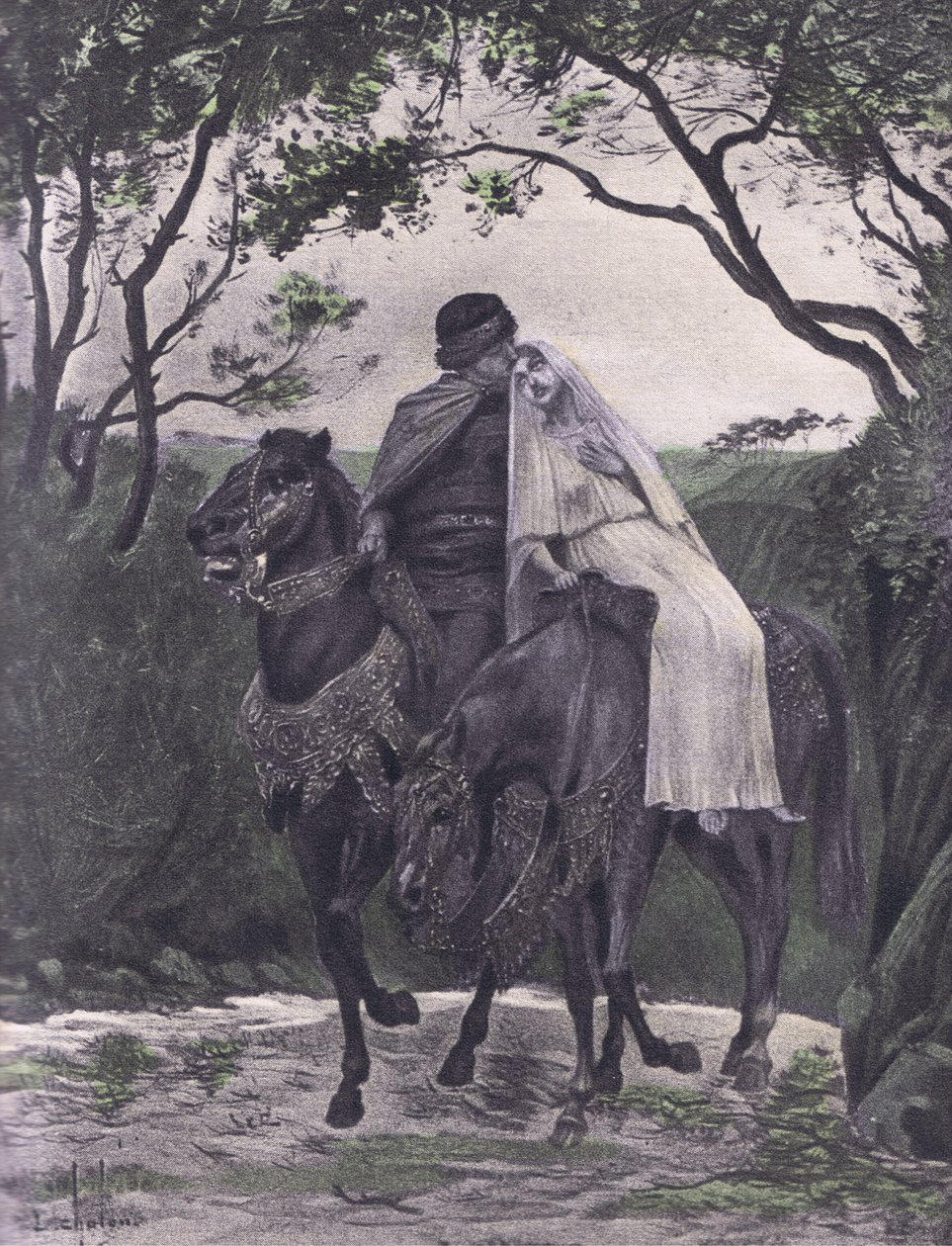 The fugitives, illustrasjon fra Decameron of Boccaccio utgitt av Navarre Society 1930-tallet (litho) av Louis Chalon