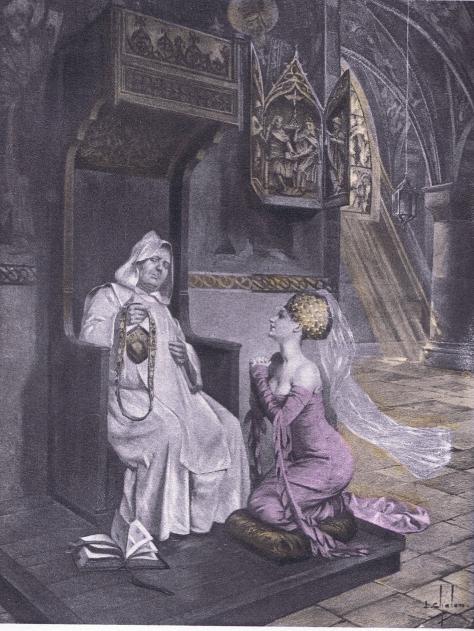 The lady and the friar, illustrasjon fra Decameron of Boccaccio utgitt av Navarre Society 1930-tallet (litho) av Louis Chalon
