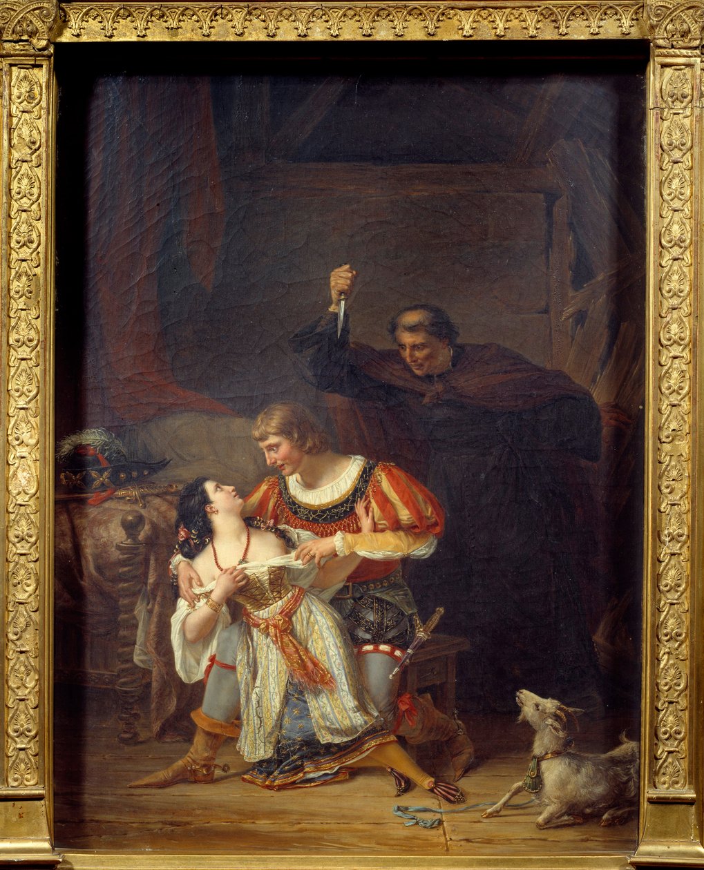 Erkediakon Frollo og Esmeralda Phoebus og Esmeralda fletter seg bak Phoebus, Claude Frollo dukker opp med en dolk for å drepe sin rival i hjertet av sigøyneren. Illustrasjon av «Notre Dame de Paris» av Victor Hugo (1802-1885). Maleri av Auguste Couder (17 av Louis Charles Auguste Couder