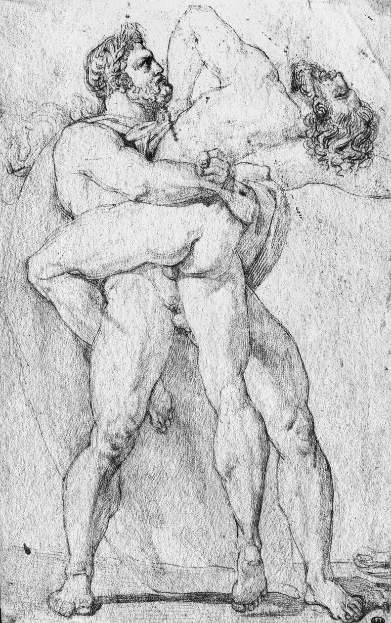 Hercules kveler Antaeus (grafittblyant på papir) av Louis Charles Auguste Couder
