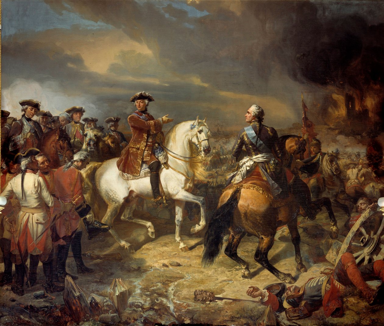 Slaget ved Lawfeld vunnet av marechalen av Sachsen den 27.07.1747. Den franske hæren til kong Louis XV vant over britene av hertugen av Cumberland. Maleri av Louis Charles Auguste Couder (1789-1873) 1836 Søn. 4,65x5,43 m -Slaget ved Lauffeld av Louis Charles Auguste Couder