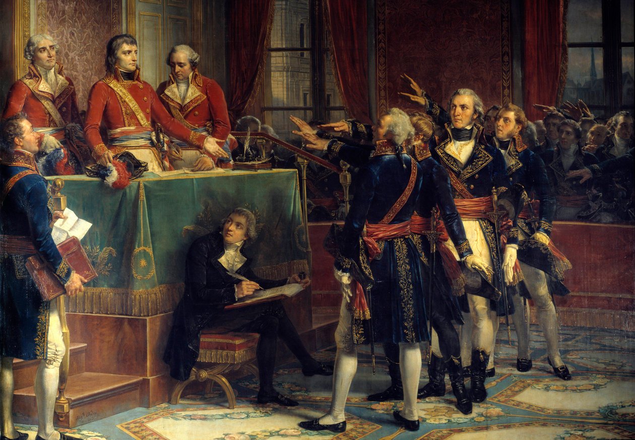 De tre konsulene: Bonaparte, Cambaceres og Lebrun som mottar edene til presidentene til høyre, Emmanuel-Joseph (Emmanuel Joseph) Sieyes (1748-1836) og Pierre-Roger (Pierre Roger) Ducos (Roger Ducos) (1747-1816). Maleri av Louis Charles Auguste Coud av Louis Charles Auguste Couder
