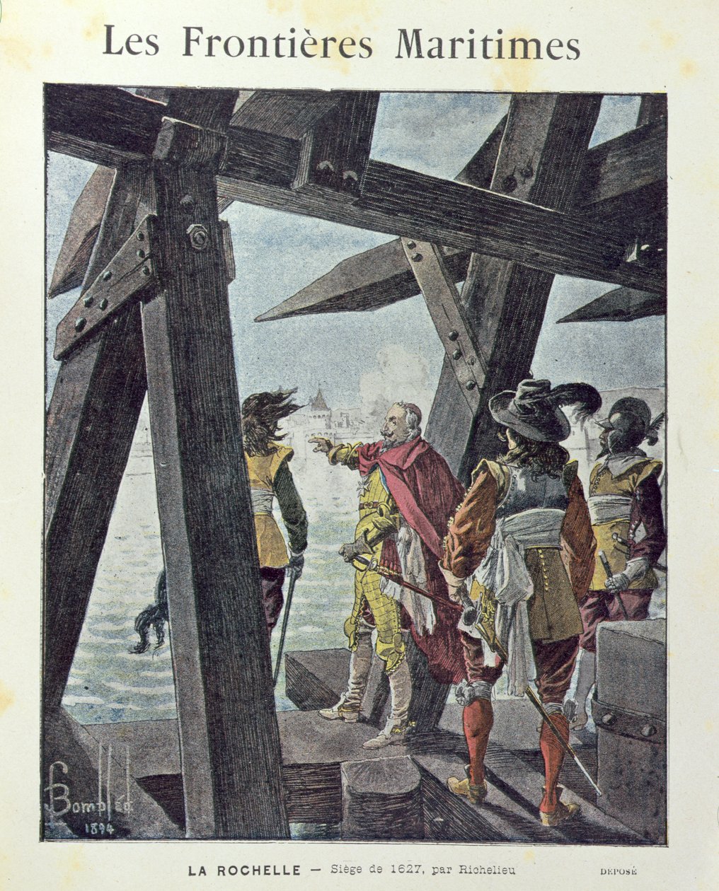 Armand-Jean du Plessis, kardinal de Richelieu (1585-1642) ved beleiringen av la Rochelle i 1627, omslag til skoleoppgavebok ca. 1894 av Louis Charles Bombled
