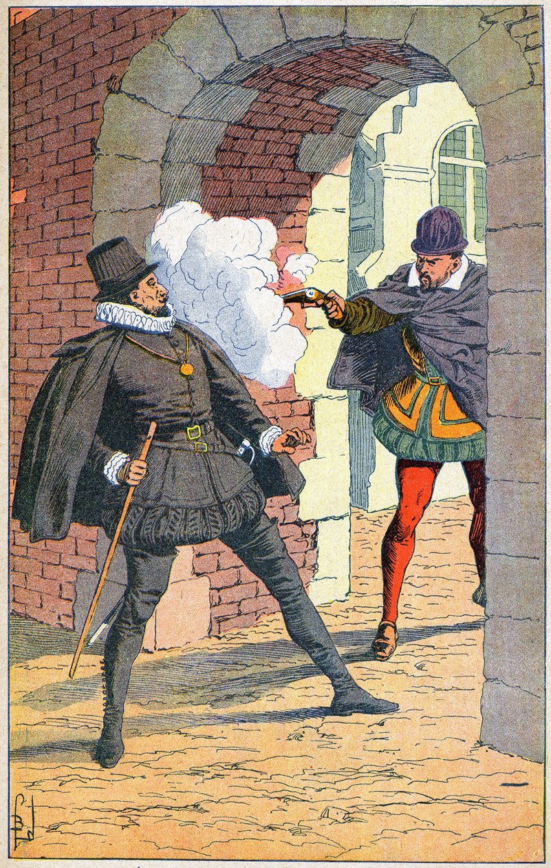 Attentatet på William 1st the Taciturn i Delft i 1584 av Louis Charles Bombled