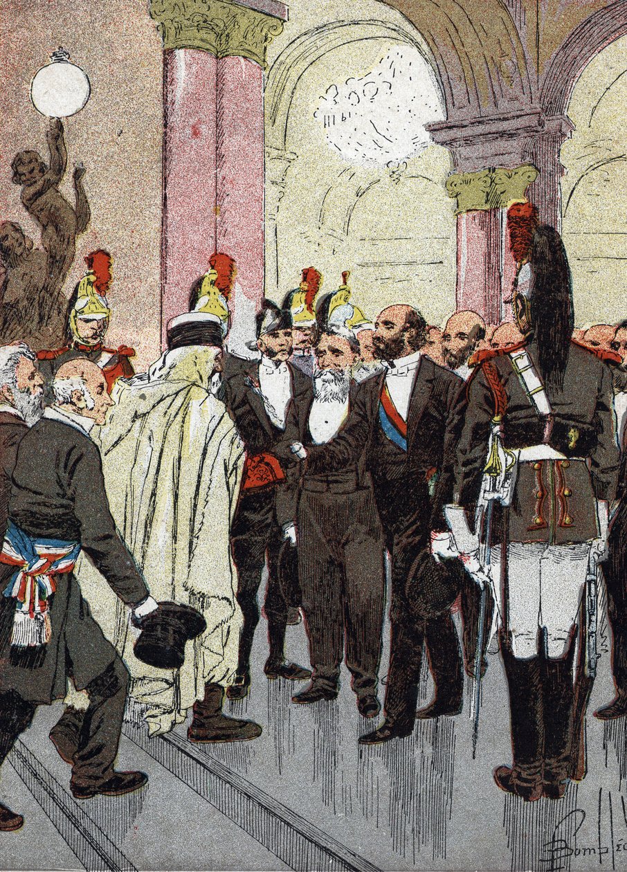 Bankett for borgermestrene i Frankrike (Banquet for borgermestrene i Frankrike den 18. august 1889 på rådhuset i Paris, invitert til å feire den store utstillingen) Illustrasjon av Louis Charles Bombled (1862-1927) fra Merciers «Les grandes journees de l&# av Louis Charles Bombled