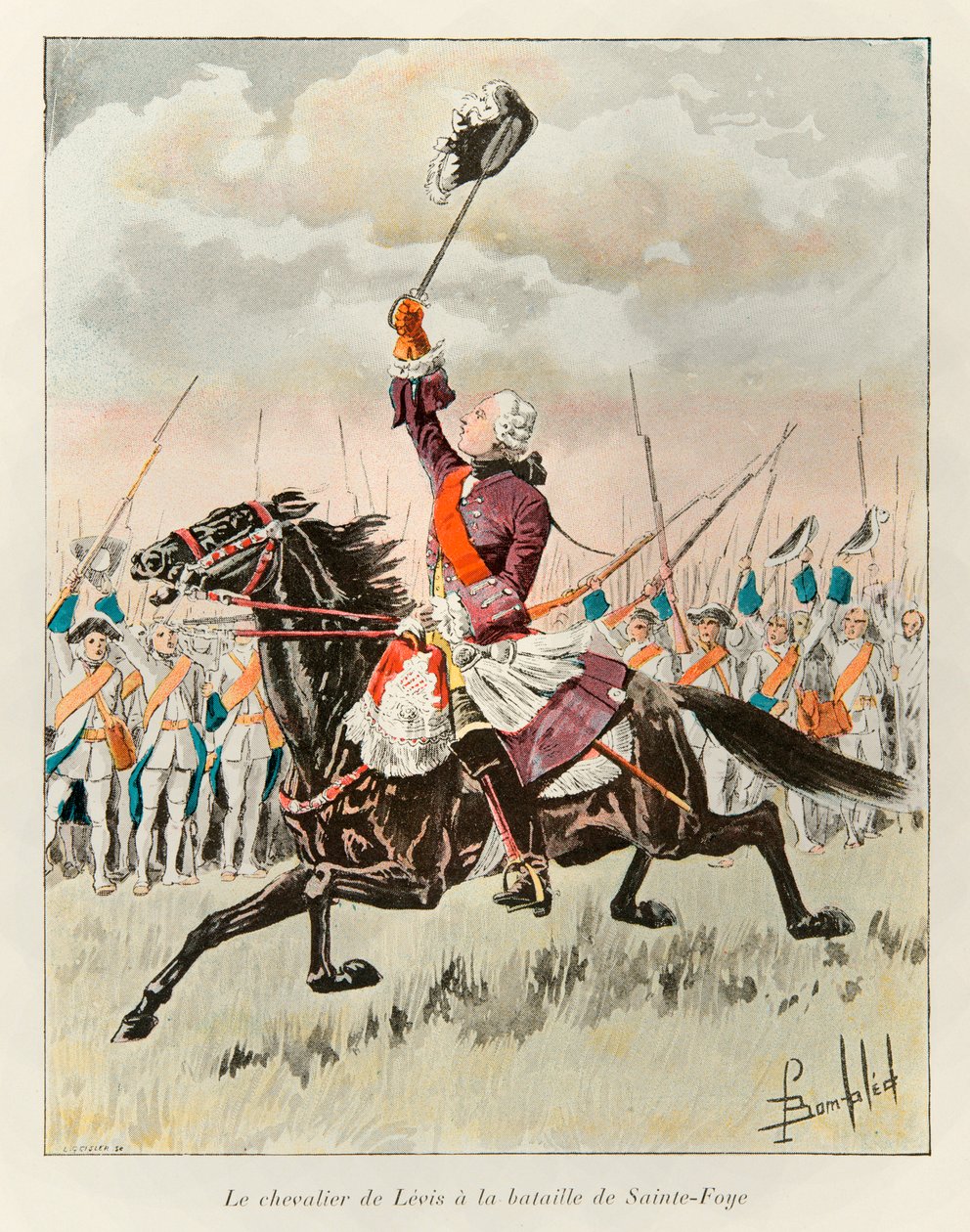 bombet Louis (1862 - 1927); Chevalier de Levis (Francois Gaston de Levis 1719 - 1787) i slaget ved Sainte Foy i 1760 mot engelskmennene; Eugene Guenins historie om det nye Frankrike - 1900 - Coll, del. av Louis Charles Bombled