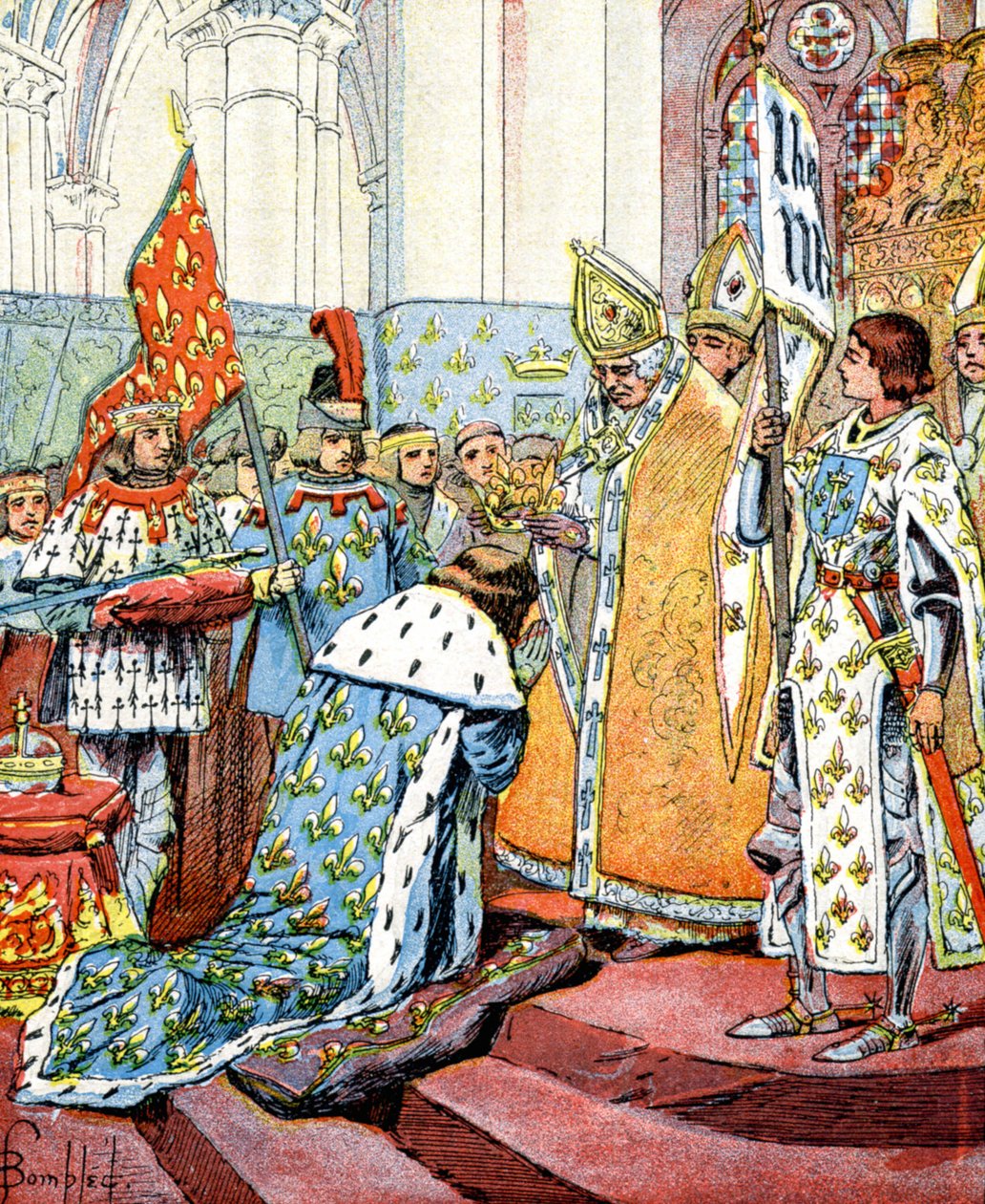 Kroning av den franske kong Charles VII i nærvær av Jeanne d'Arc 17. juli av Louis Charles Bombled