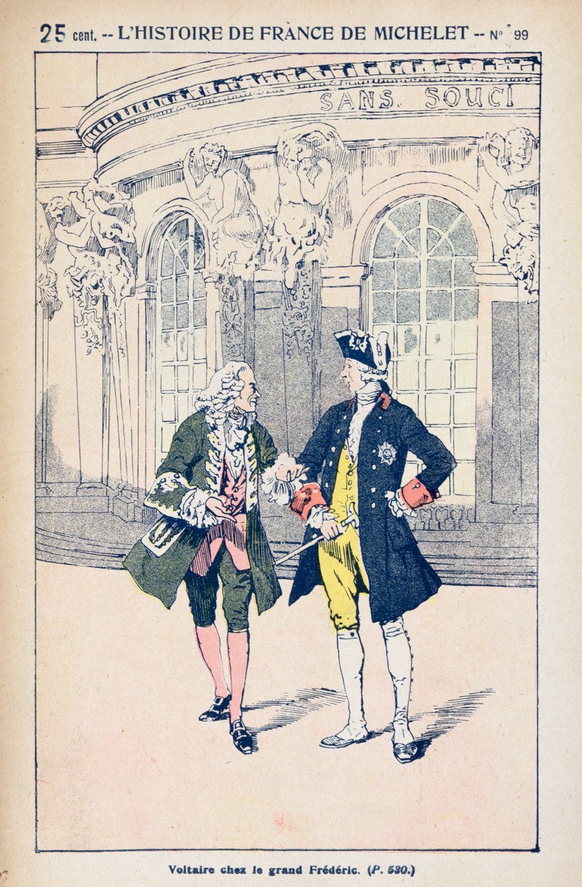 Francois Voltaire (1694-1778) med kong Frederick II av Preussen (1712-86) ved Sanssouci nær Potsdam, fra 