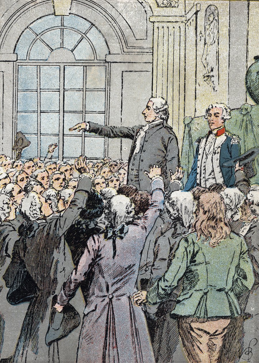 Fransk revolusjon: "" Deputaten Jean Sylvain Bailly (1736-1793) ble valgt til borgermester i Paris 15.07.1789 i nærvær av La Fayette"" (politisk leder Jean-Sylvain Bailly valgt som borgermester i Paris 15. juli 1789) Illustrasjon av Louis Charles B av Louis Charles Bombled