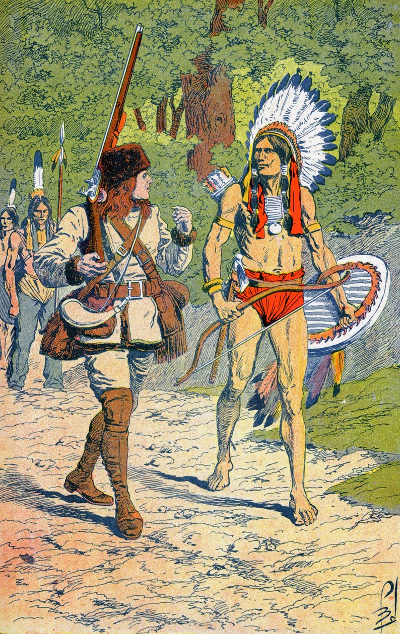 Franske fangstfolk med indianere i Amerika av Louis Charles Bombled
