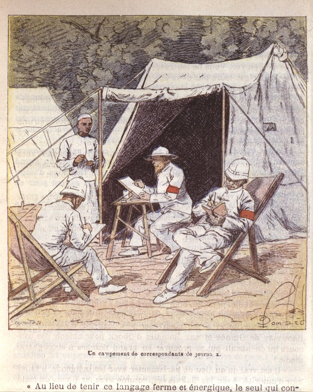 Franske krigskorrespondenter på Madagaskar på tidspunktet for annekteringen av Frankrike 1895-96 (farge litho) av Louis Charles Bombled