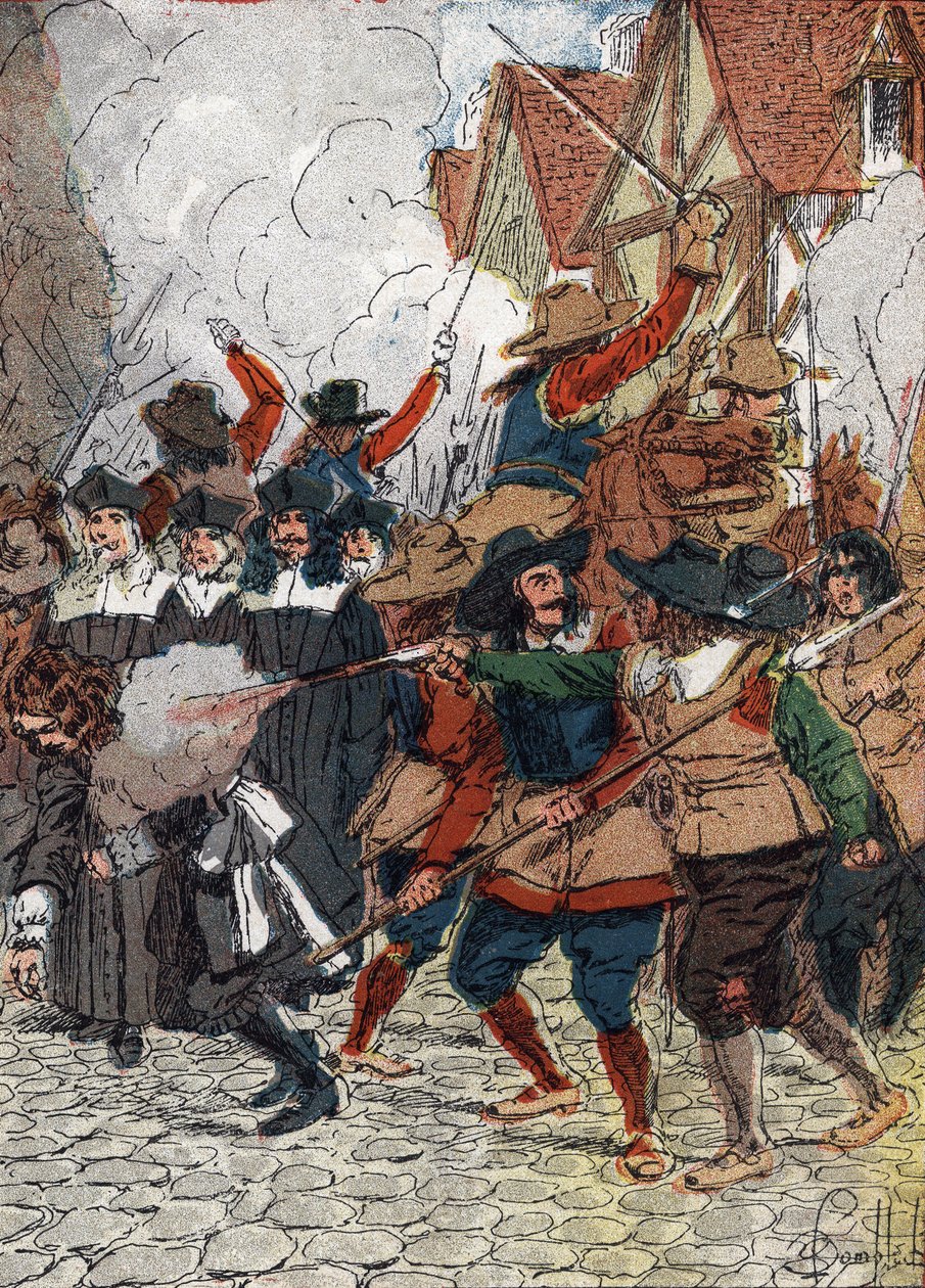 Fronde (1648-1653): på strådagene den 4/07/1652 ble rådhuset brent, og rundt tretti notabiliteter, som gikk inn for kong Ludvig XIV fordi de ønsket å avslutte beleiringen av Paris, var massakrer av soldater forkledd som arbeidere - (Fronde r av Louis Charles Bombled