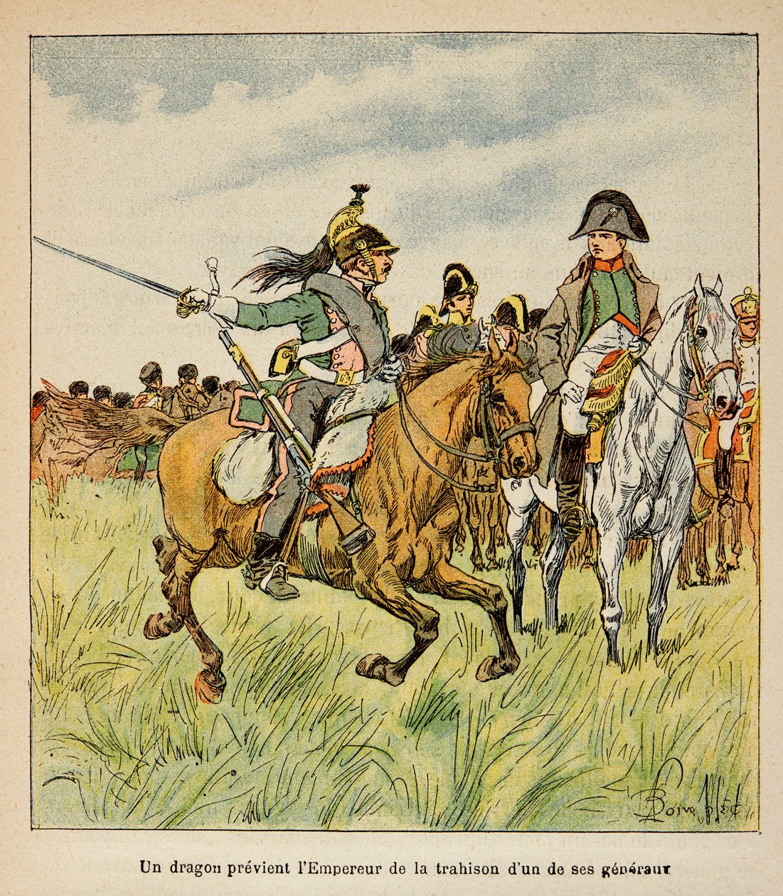 Illustrasjon av Bombled Louis (1862-1927) fra grev Emmanuel de Las Cases (1766-1842): en drage advarer keiseren om sviket til en av hans generaler i slaget ved Waterloo i juni 1815, privat samling av Louis Charles Bombled